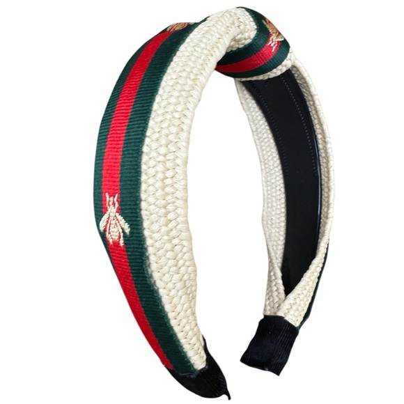 Fashion Raffia Green & Red Stripe Bee Knot Headband - Picture 2 of 4